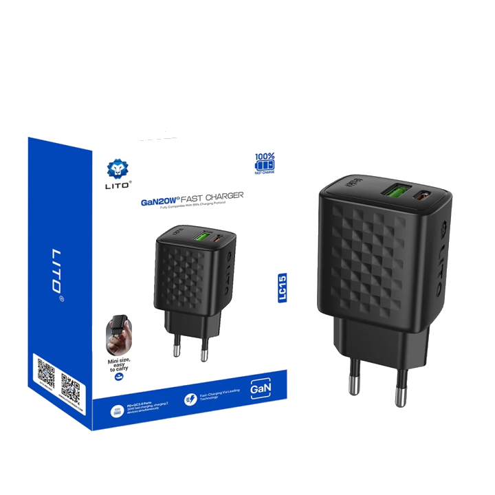 Netzladegerät Lito LC15, 20W, 3A, 1 x USB-A - 1 x USB-C, Schwarz