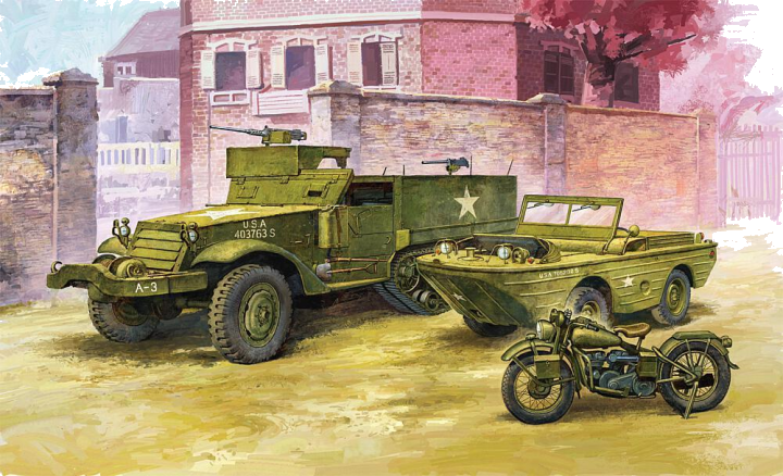 WWII Ground Vehicle Set-6 M3 Half Track & 1/4ton Amphibian Vehicle