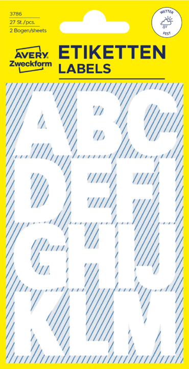 Avery Etiketten cijfers en letters A-Z groot, 2 blad, wit, waterbestendige folie