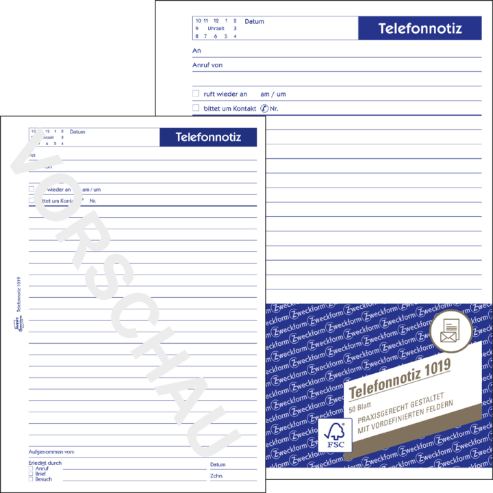 AVERY Zweckform Telefonnotiz Formularbuch 1019 - 50 Blatt