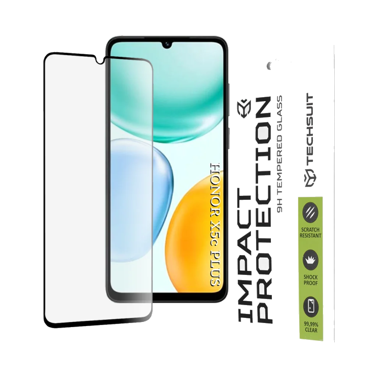 Schutzfolie Techsuit für Honor X5c Plus, gehärtetes Glas, Full Glue, 111D, Schwarz