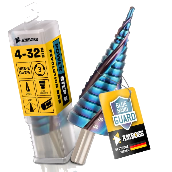 AMBOSS Stufenbohrer HSS-E Co 5% D:4-6-8-10-12-14-16-18-20-22-24-26-28-30-32mm TiAlSiN nano blue coating