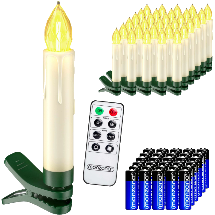 Kabellose Weihnachtsbaumkerzen LED 30er-Set Warmweiß mit Batterien & Fernbedienung
