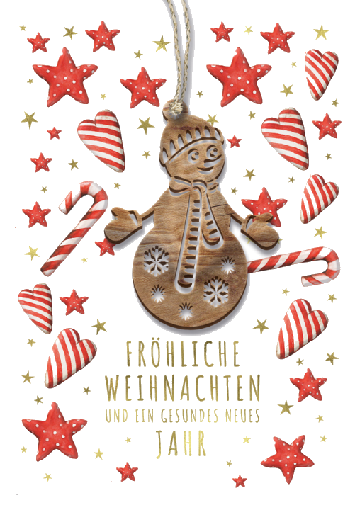 CACTUS Weihnachtskarte , Schneemann, , mit Holzapplikation