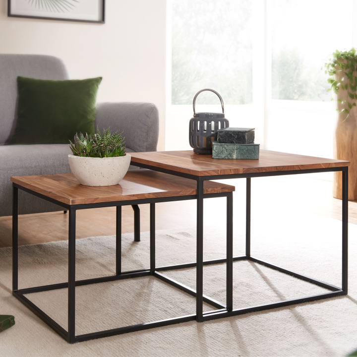 Couchtisch 2er Set Akazie Massivholz quadratisch · Wohnzimmertisch Industrial