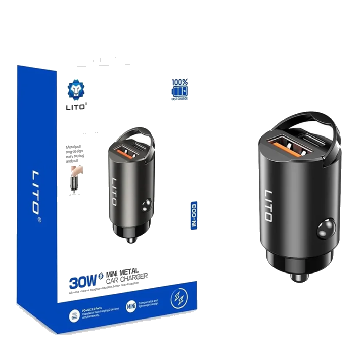 Auto-Ladegerät Lito IN-C03, 30W, 3A, 1 x USB-A - 1 x USB-C, Schwarz