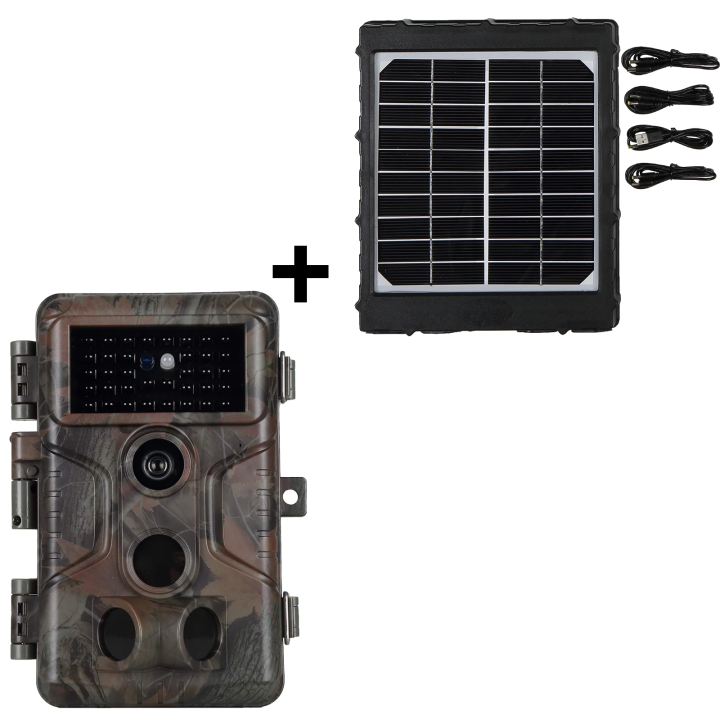 Bundle Wildkamera Wildtierkamera Jagdkamera 64MP 2304*1296p + Solarpanel-Kits 3W 8000mAh 12V/9V/6V Maximale Entfernung bis 90 Füße, 0,1s Auslöserzeit | A323 Eichenbraun