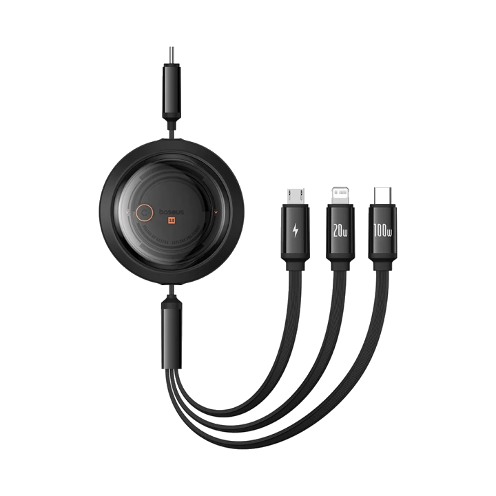 USB-C - Lightning / microUSB / USB-C Ladekabel Baseus Free2Draw Retractable, 100W, 1.1m, Schwarz P10368700111-04
