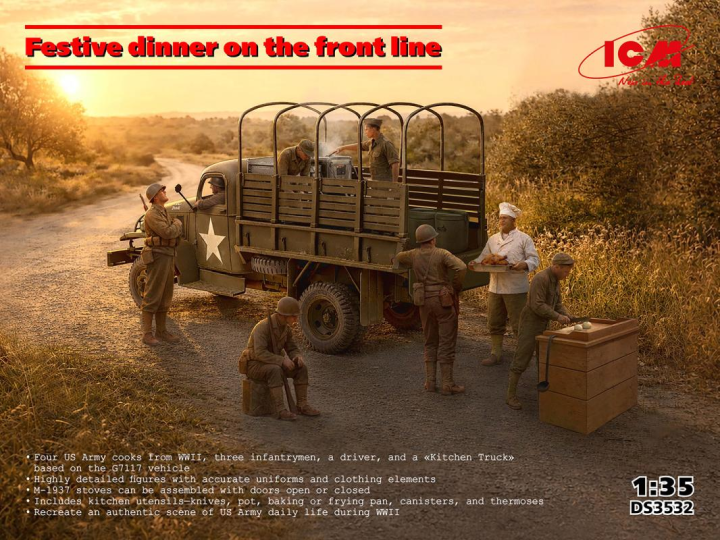 Festive dinner on the front line (WWII US Army Kitchen Truck, US Field Stove M1937 with cooks)