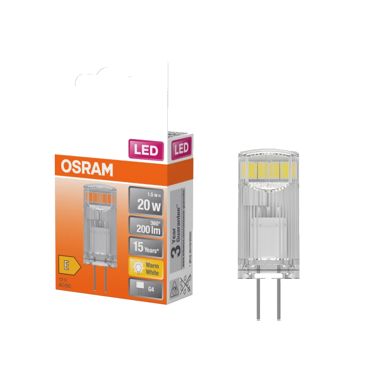 OSRAM LED Stiftsockellampe PIN 12 V 1.5W 827 Clear G4, 200 lm, 2700 K, Warmweiß