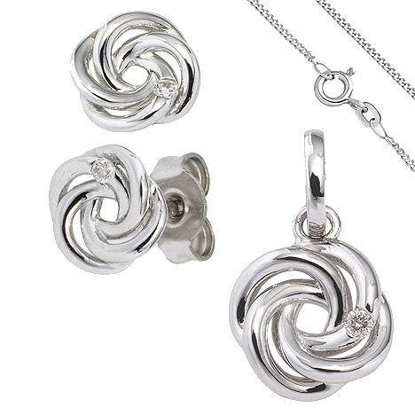 Schmuck-Set Knoten 585 Gold Weißgold 3 Diamanten Ohrringe und Kette 45 cm
