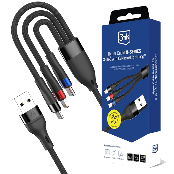 Ladekabel USB-A - Lightning / microUSB / USB-C 3MK Hyper N, 18W, 1,2m, Schwarz