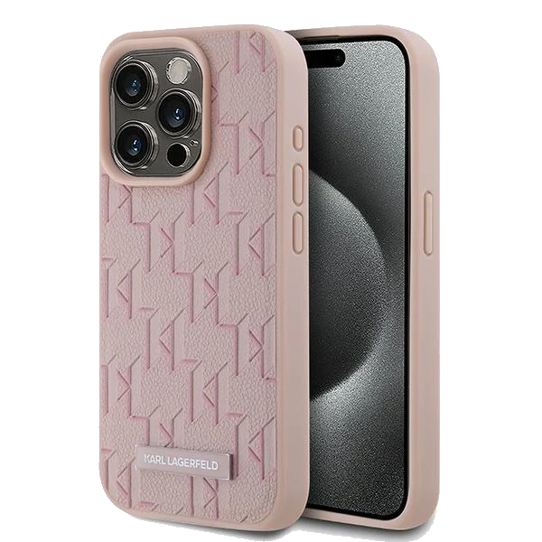 MagSafe Hülle für Apple iPhone 15 Pro Max, Karl Lagerfeld, Monogram Metal Logo, Rosa