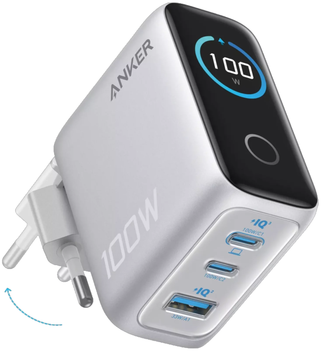Netzladegerät mit USB-C Kabel Anker Smart Display, 100W, 5A, 1 x USB-A - 2 x USB-C, Silber B121BG41