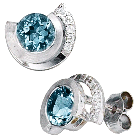 Ohrstecker 585 Gold Weißgold 2 Aquamarine blau 10 Diamanten Brillanten Ohrringe