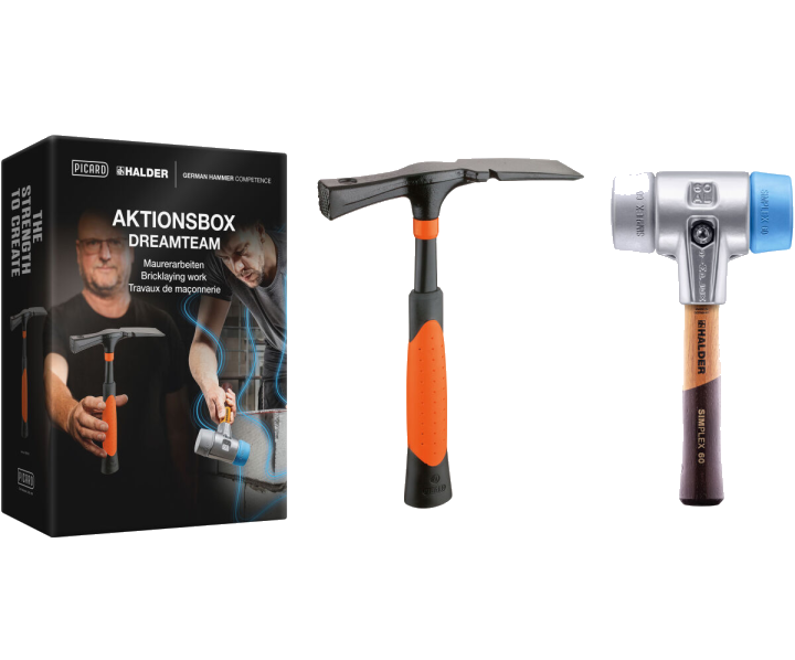 HALDER Aktionsbox Dreamteam Maurerarbeiten SIMPLEX Ø 60 mm TPE-soft / TPE-mid + PICARD Maurerhammer | Gravur möglich