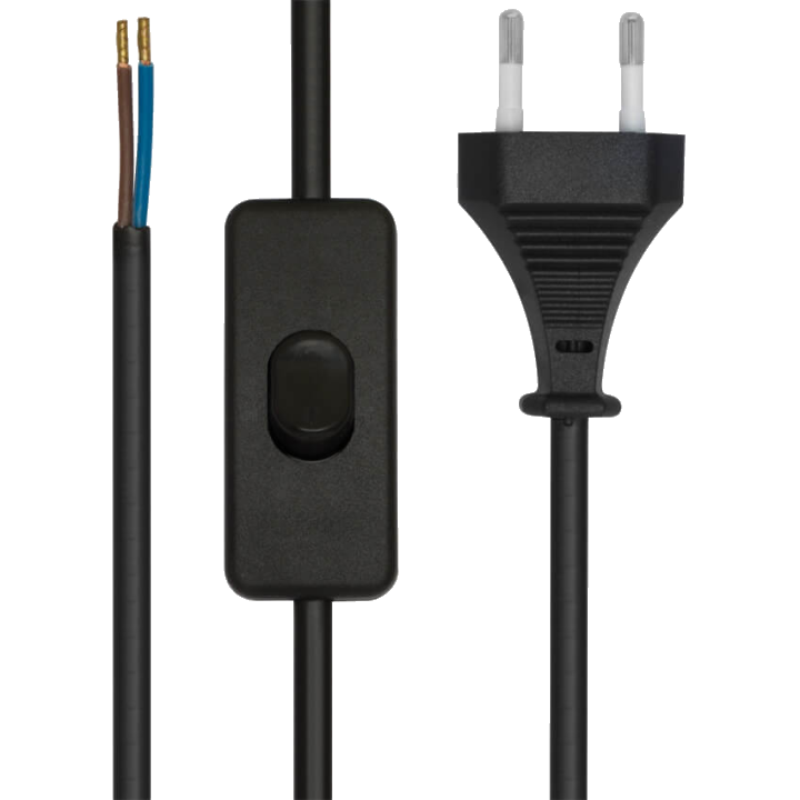 Netzkabel mit Eurostecker und Schalter - 2m, H03 VVH2-F 2×0,75mm², schwarz