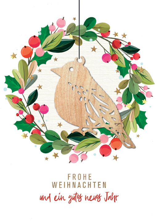 CACTUS Weihnachtskarte , Kranz & Vogel, , mit Holzapplikation