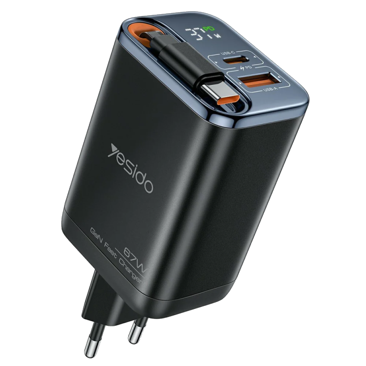 Netzladegerät mit USB-C Kabel Yesido YC100 Display, 67W, 3.35A, 1 x USB-A - 1 x USB-C, Schwarz