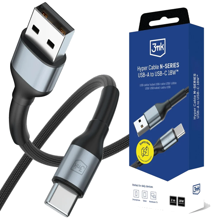 Daten- und Ladekabel USB-A - USB-C 3MK Hyper N, 18W, 2m, Schwarz