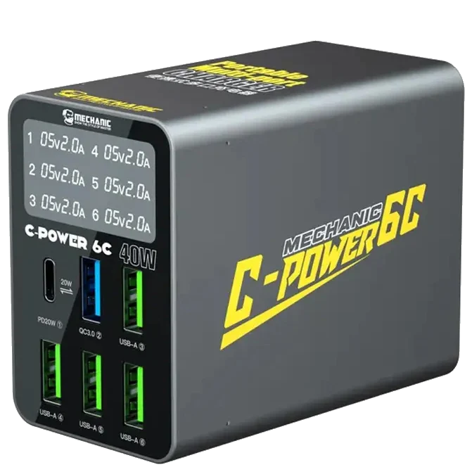 Ladestation Mechanic 6C mit Display, 40W, 3A, 1 x USB-C - 5 x USB-A, Schwarz