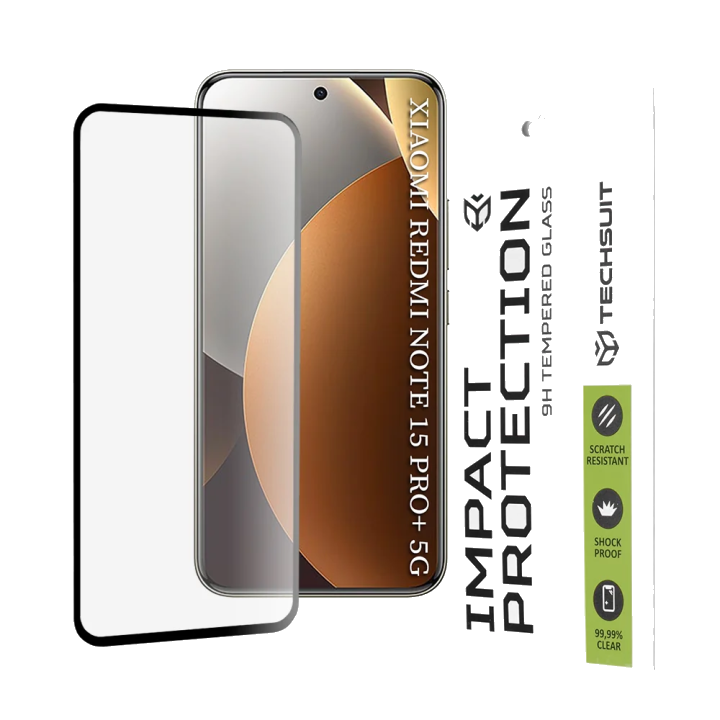 Schutzfolie Techsuit für Xiaomi Poco M8 Pro / Redmi Note 15 Pro+ 5G, gehärtetes Glas, Full Glue, 111D, Schwarz