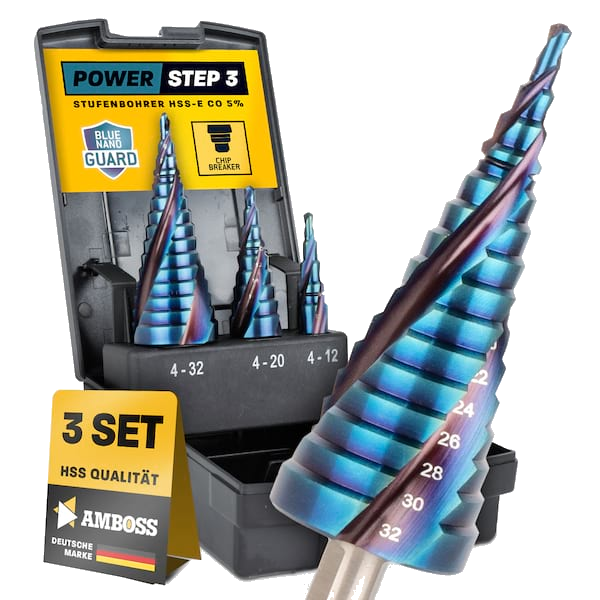 AMBOSS HSS-E Co 5% Stufenbohrer Set 3-teilig 4-12. 4-20. 4-32mm TiAlSiN nano blue coating 3schneider