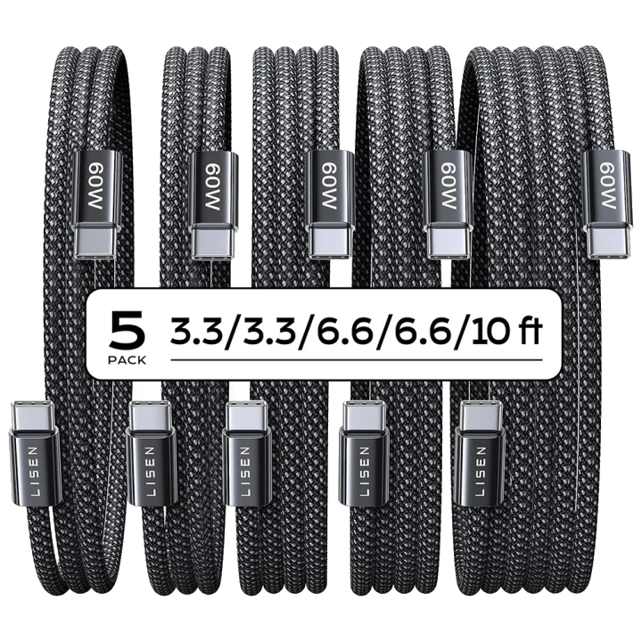 Daten- und Ladekabel USB-C - USB-C Lisen, 60W, Set 5 Stück (2 x 1m, 2 x 2m, 1 x 3m), Schwarz YL0123070010