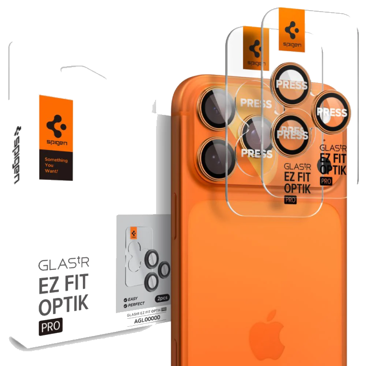 Schutzfolie für die Rückkamera Spigen GlastR EZ FIT Optik Pro für Apple iPhone 17 Pro Max / 17 Pro, gehärtetes Glas, Set mit 2 Stück, Orange