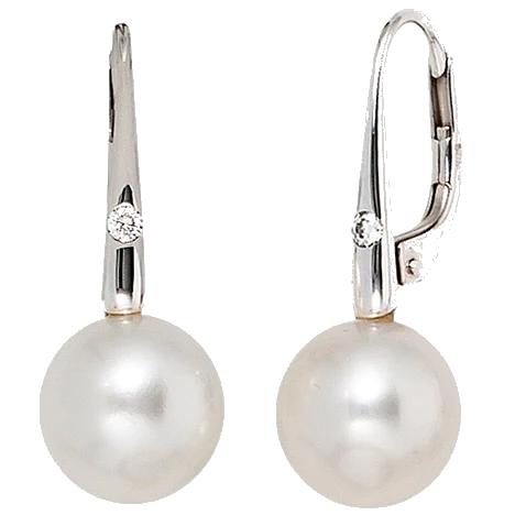 Boutons 585 Gold Weißgold 2 Süßwasser Perlen 2 Diamanten Ohrringe Ohrhänger