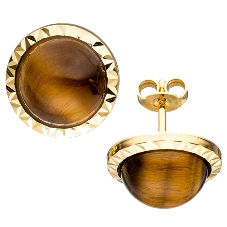 Ohrstecker rund 585 Gold Gelbgold 2 Tigeraugen braun Ohrringe Goldohrringe