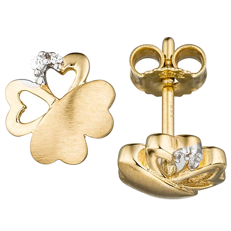 Ohrstecker Kleeblatt 333 Gold Gelbgold mattiert 4 Zirkonia Ohrringe