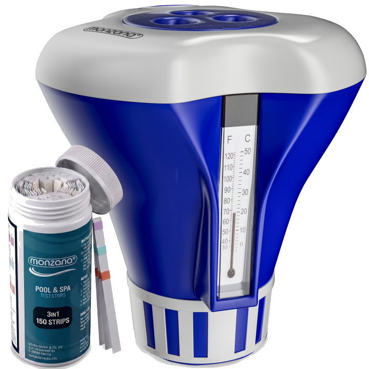 monzana Skimmer, Monzana Dosierschwimmer Pool 20-200g Tabs mit 150 3in1 Teststreifen