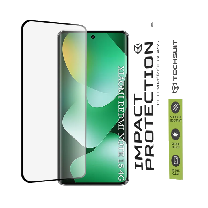 Schutzfolie Techsuit für Xiaomi Redmi Note 15 4G, gehärtetes Glas, Full Glue, 111D, Schwarz