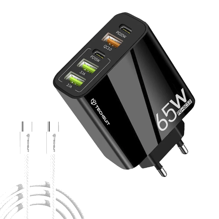 Netzladegerät mit USB-C Kabel Techsuit CHC2 PentaXPower, 20W, 3A, 3 x USB-A - 2 x USB-C, Schwarz