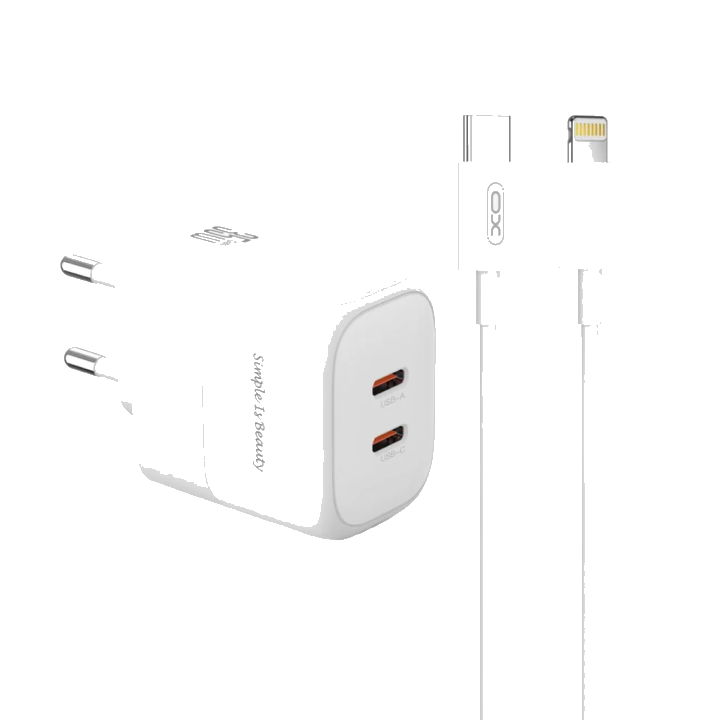 Netzladegerät mit Lightning-Kabel XO Design L140, 35W, 3A, 2 x USB-C, Weiß