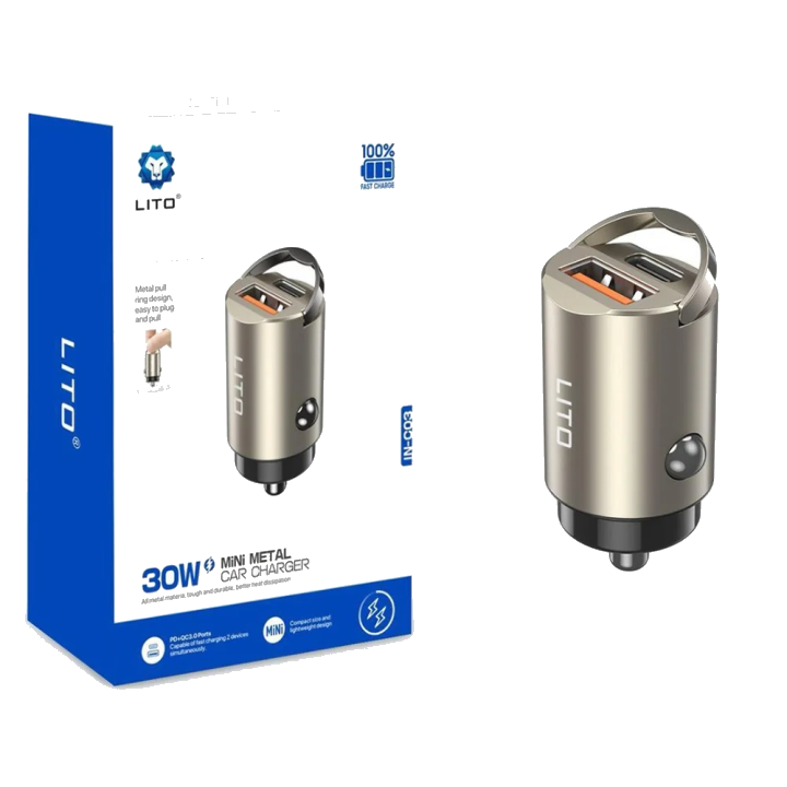 Auto-Ladegerät Lito IN-C03, 30W, 3A, 1 x USB-A - 1 x USB-C, Grau