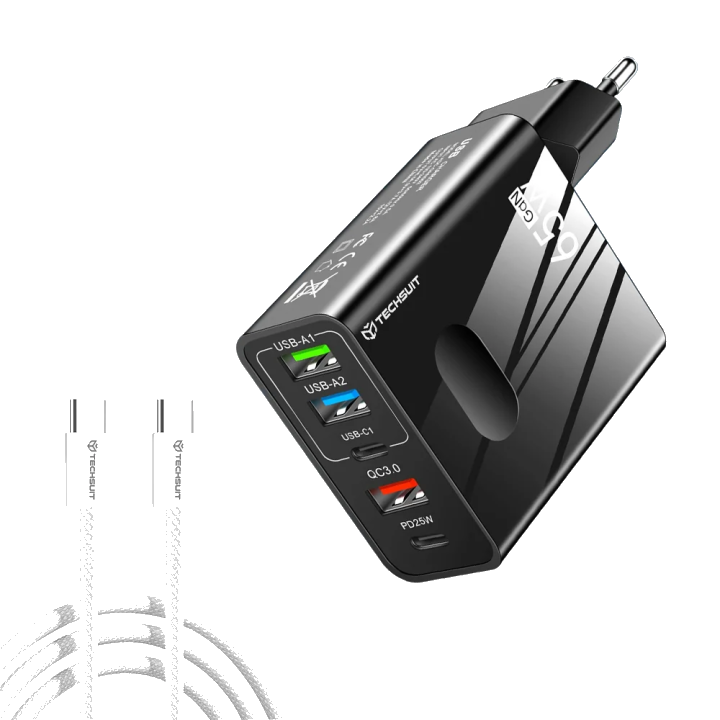 Netzladegerät mit USB-C Kabel Techsuit CHC1 PentaXPower, 25W, 3A, 3 x USB-A - 2 x USB-C, Schwarz