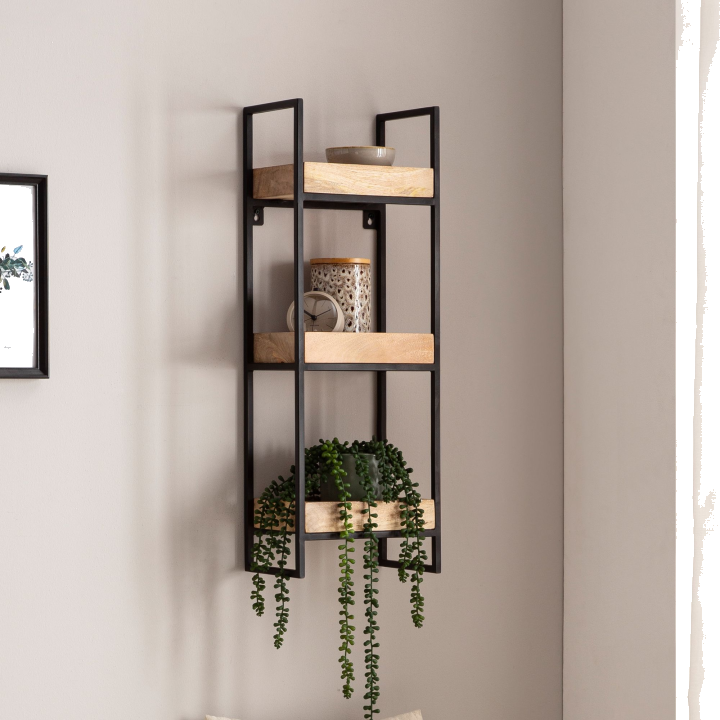 FineBuy Wandregal 27x77x18 cm Mango Massivholz / Metall Hängeregal Industrial, Design Schweberegal Rechteckig, Regal Hängend Wohnzimmer, Tablettregal Wand mit 3 Ablagen & Metallrahmen