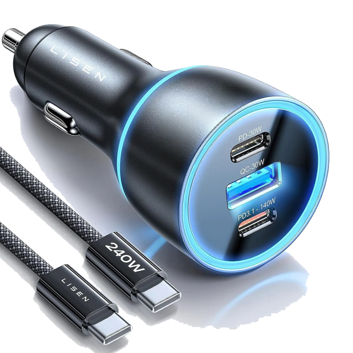 Auto-Ladegerät mit USB-C Kabel Lisen, 170W, 5A, 1 x USB-A - 2 x USB-C, Schwarz YL0224010001