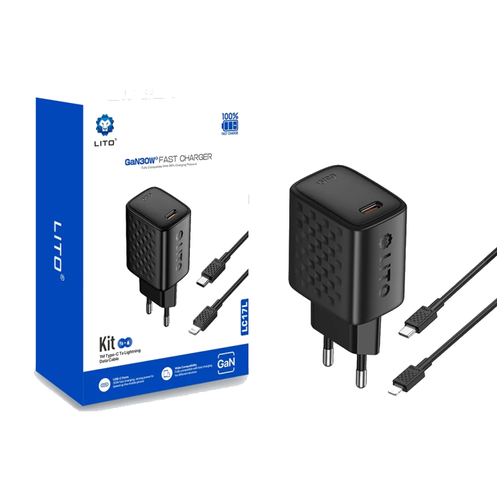 Netzladegerät mit Lightning-Kabel Lito LC17L, 30W, 3A, 1 x USB-C, Schwarz