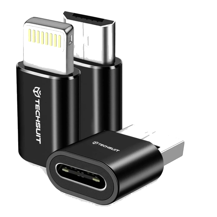 USB-C - Lightning / microUSB / USB-A Daten- und Ladeadapter Techsuit A19 TriFlashX 3in1, Schwarz