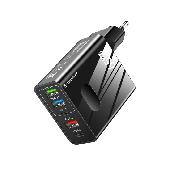 Netzladegerät Techsuit CHC1 PentaXPower, 25W, 3A, 3 x USB-A - 2 x USB-C, Schwarz