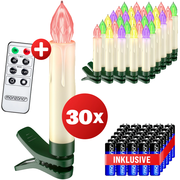 Kabellose Weihnachtsbaumkerzen LED 30er-Set Bunt mit Batterien & Fernbedienung