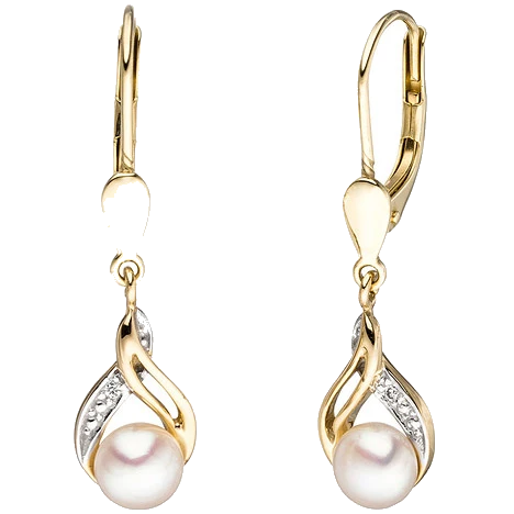 Boutons 585 Gold Gelbgold 2 Süßwasser Perlen 2 Diamanten Ohrringe Ohrhänger