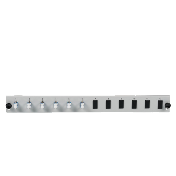Glasfaser Verteiler Bestückte 12 Port Frontblende mit 6 x LC, Duplex Kupplung OS2 vertikal, schwarz - 1 VPE = 50 Stï¿½ck