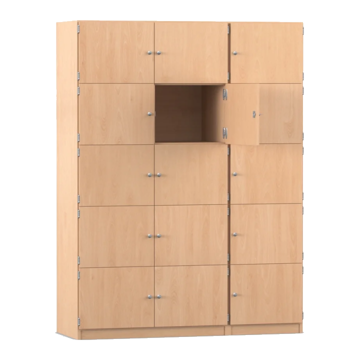 Schließfachschrank, 142,5 cm breit, mit 15 Fächern, Buche hell