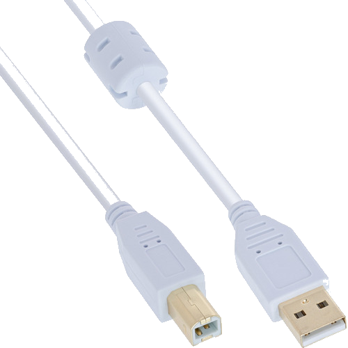 InLine® USB 2.0 Kabel, A an B, weiß / gold, mit Ferritkern, 2m