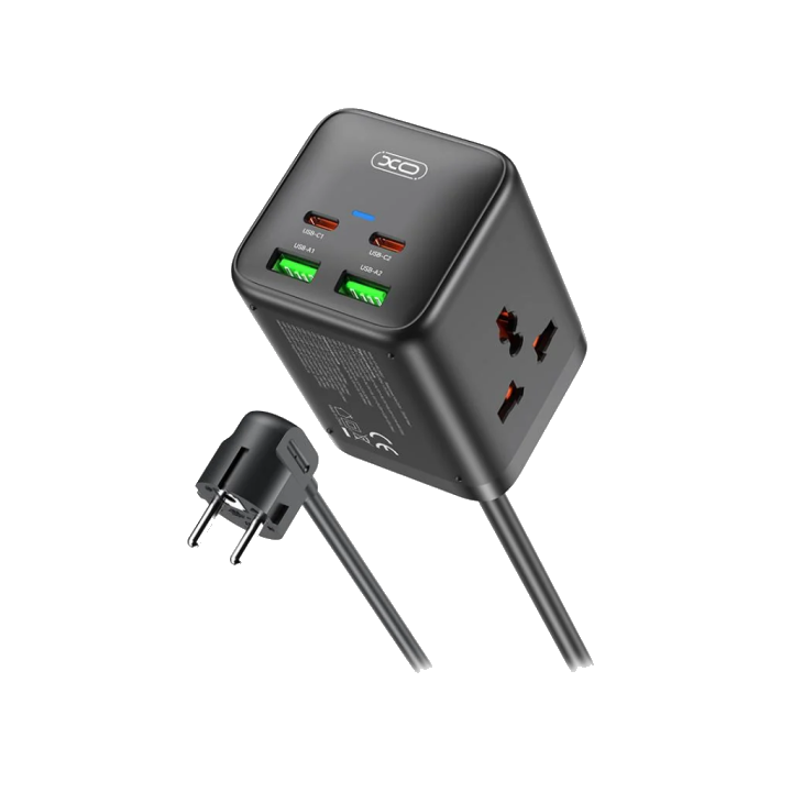 XO Design WL24 Verlängerungskabel, 2 x Steckdose - 2 x USB-A - 2 x USB-C, Schwarz
