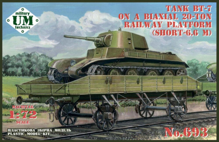 BT-7 tank on a biaxial 20-ton railway platform (short - 6.6m)